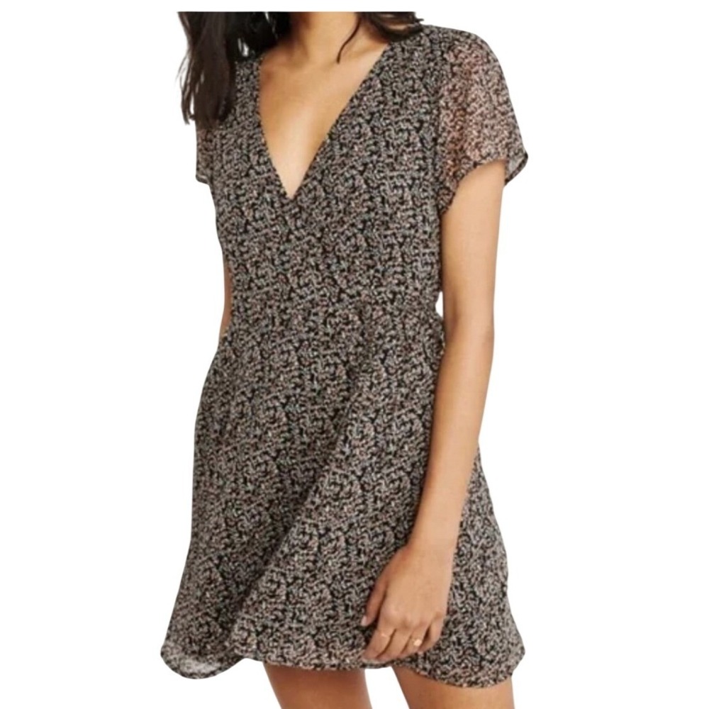 Abercrombie & Fitch Floral Wrap Mini Dress Womens Small Short Sleeve Black Tan
